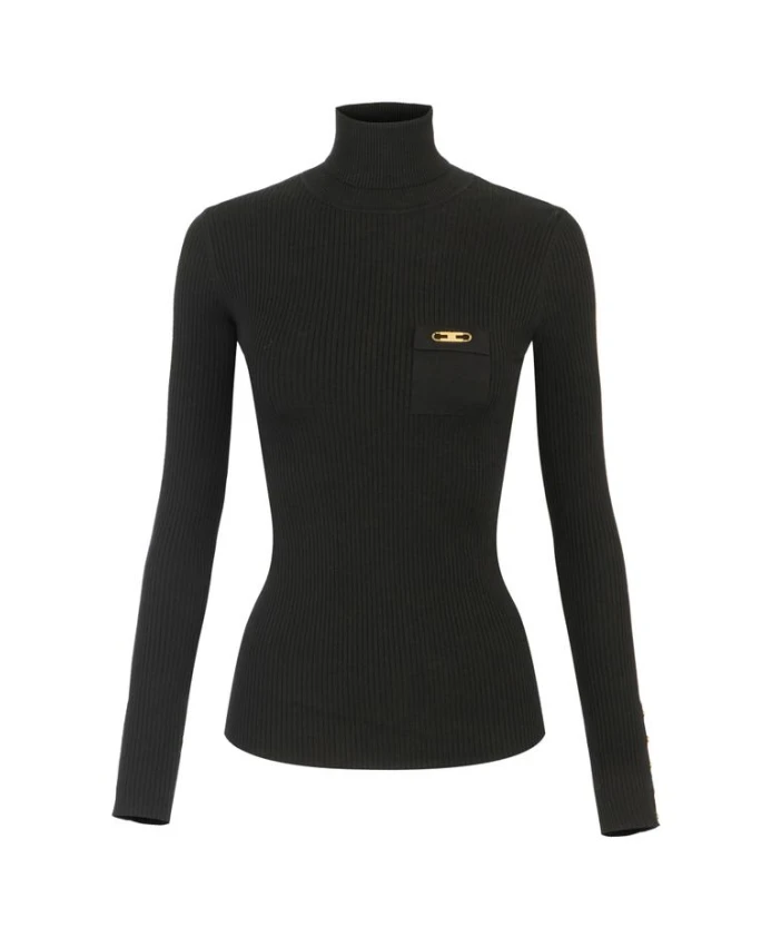 

Вязаный топ в рубчик с нагрудным карманом Elisabetta Franchi, черный