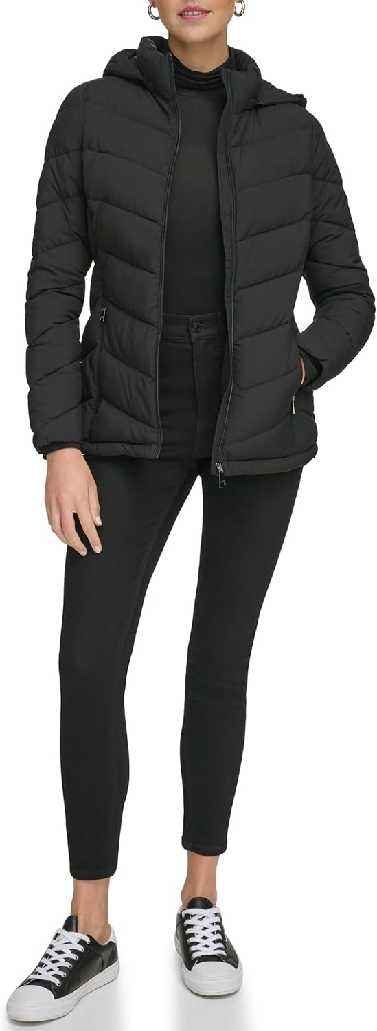 

Классический женский пуховик Calvin Klein с капюшоном и молнией спереди, Light-Weight Hooded Ebony