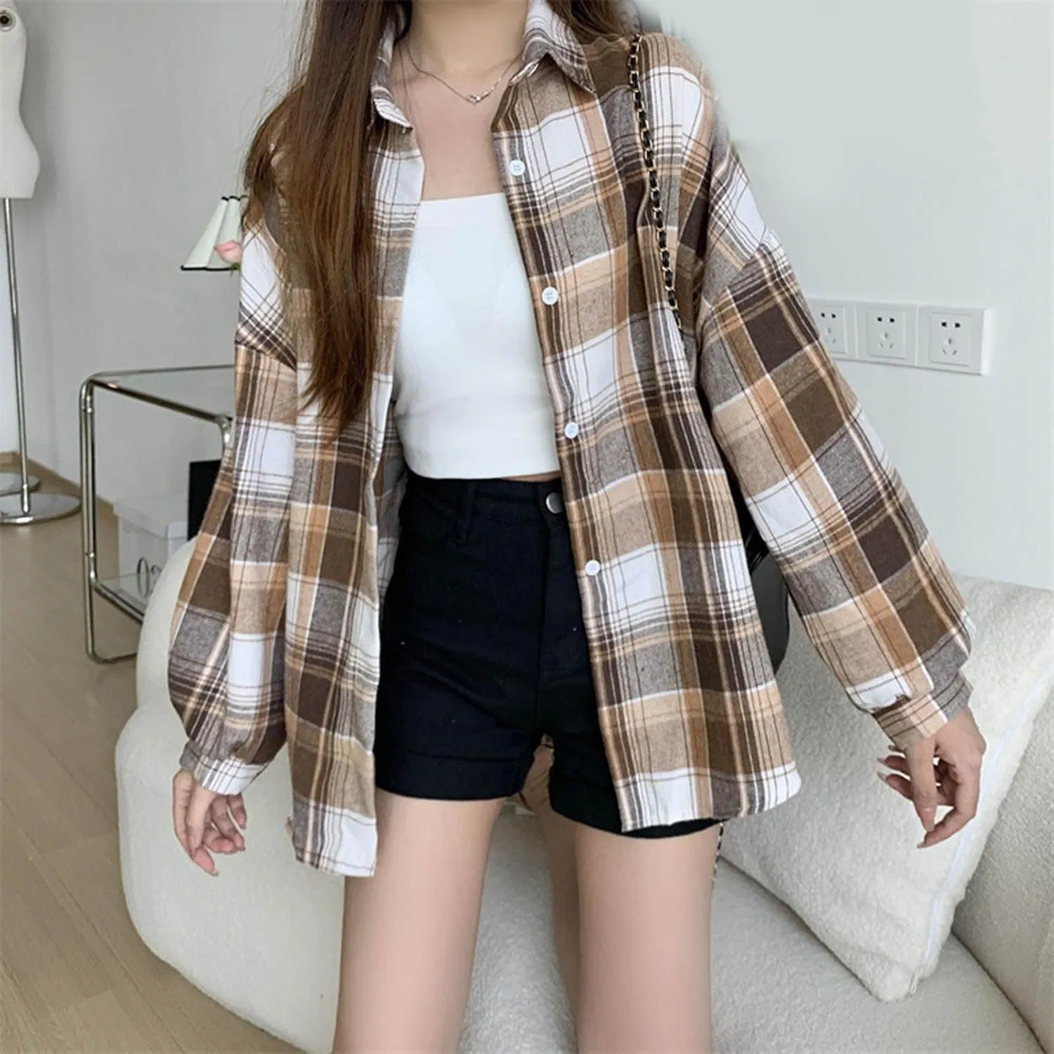 Футболка с длинным рукавом, повседневная, Check Shirt, коричневый — фото 2