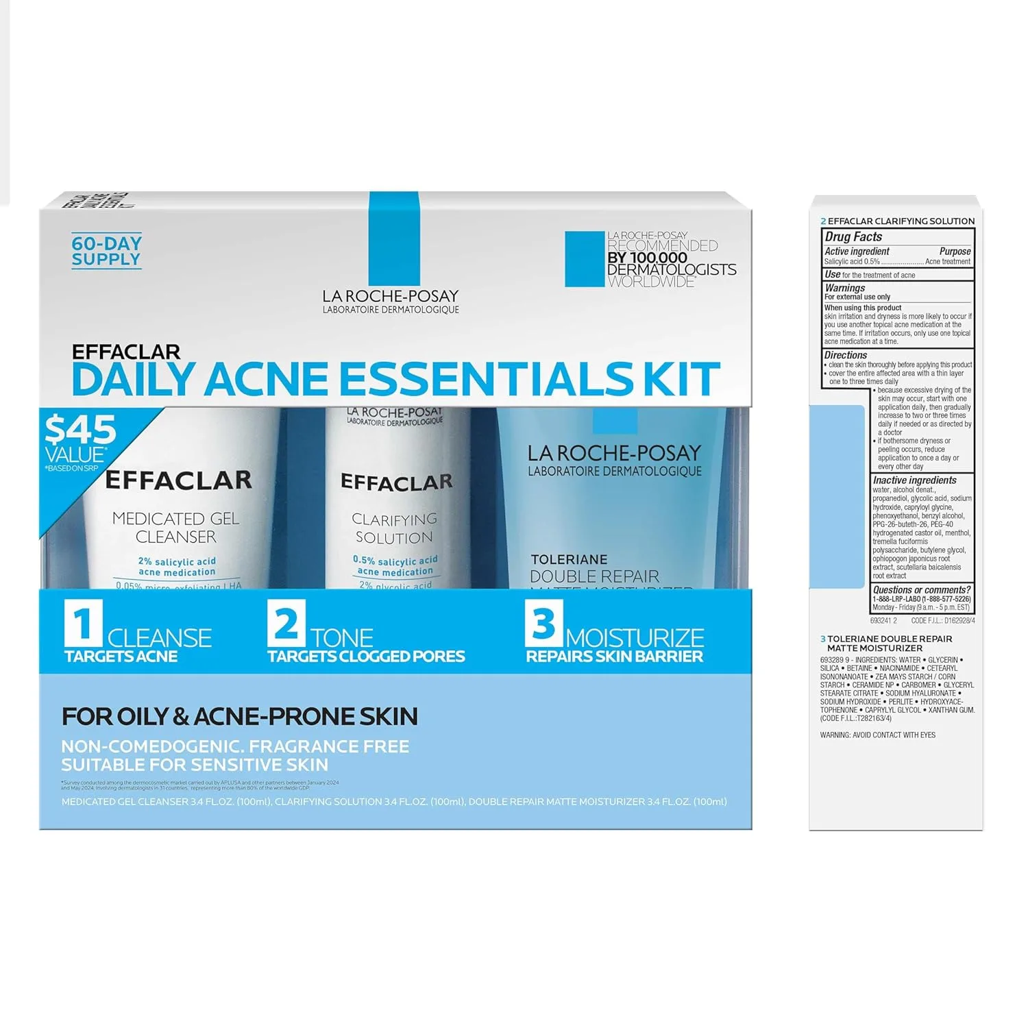 Набор Effaclar Daily Acne Essentials для лечения акне: очищающее средство с салициловой кислотой, тоник для сужения пор и матирующий увлажняющий крем для жирной и комбинированной кожи, без масел, запас на 2 месяца La Roche-Posay — фото 2