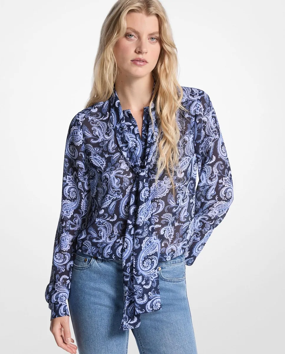 

Блузка из жатого шифона с принтом и бантом на шее Michael Michael Kors, светло-голубой/темно-синий