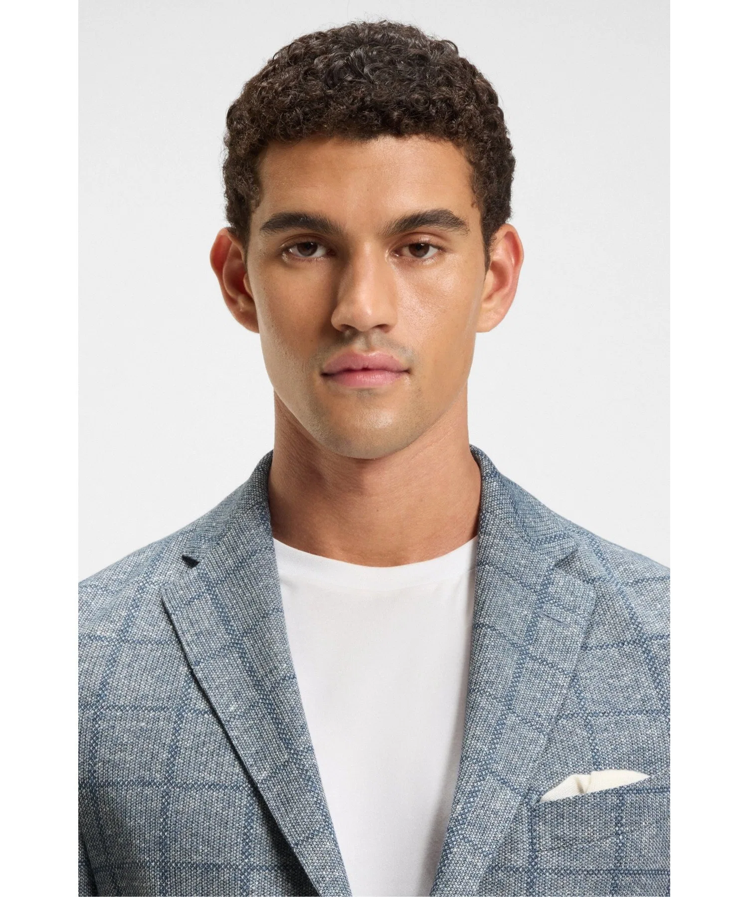 Мужской пиджак BOSS Slim Fit в клетку изо льна и хлопка белый — фото 4