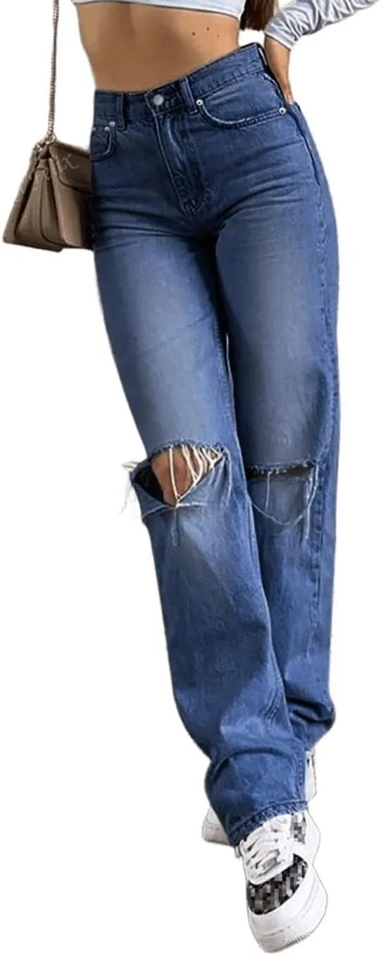 

Viatabuna рваные джинсы для женщин, мешковатые, с высокой посадкой, прямые, потертые, в стиле boyfriend, состаренный деним, Y2K стритвир