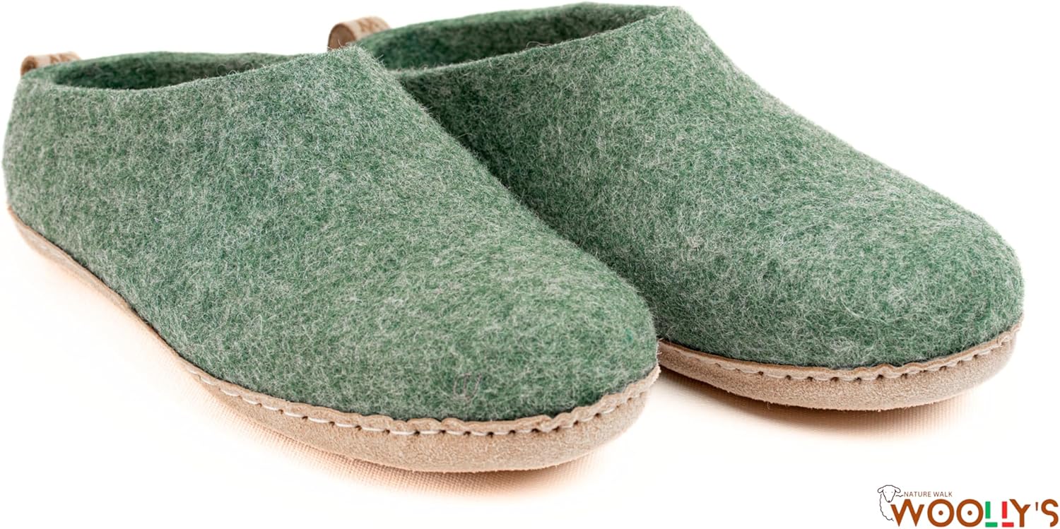 Домашние тапочки с открытой пяткой Woolly и кожаной подошвой, Премиальная новозеландская шерсть, Ручная работа с итальянским дизайном, Мягкие, дышащие и не имеющие запаха Woolly'S, зеленый — фото 3