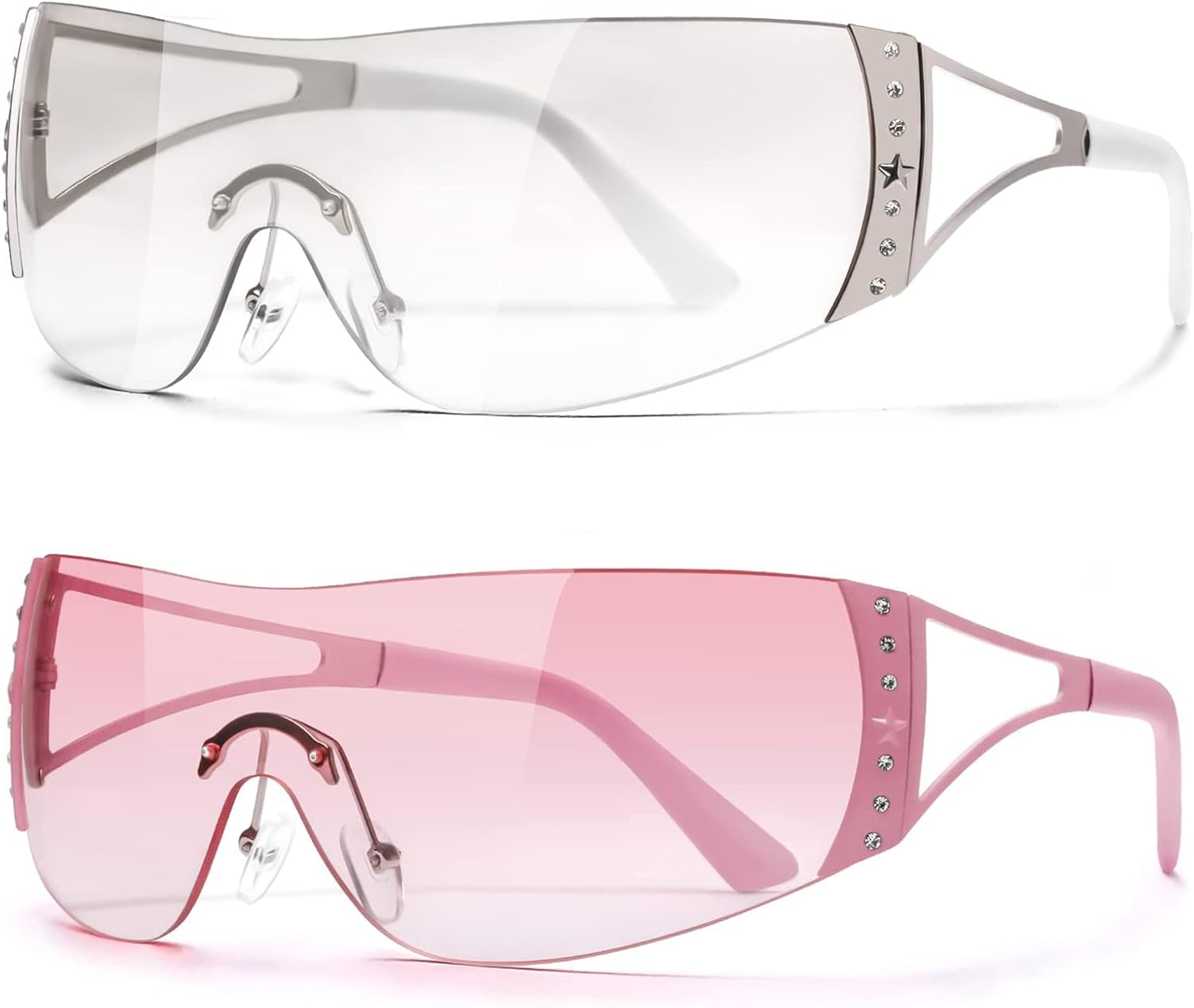 

Солнцезащитные очки Y2K для женщин и мужчин, большие, обтекаемые, без оправы, футуристические солнцезащитные очки в стиле 2000-х, для рейв-вечеринок, стильные защитные очки DQbhzh, Clear, Pink