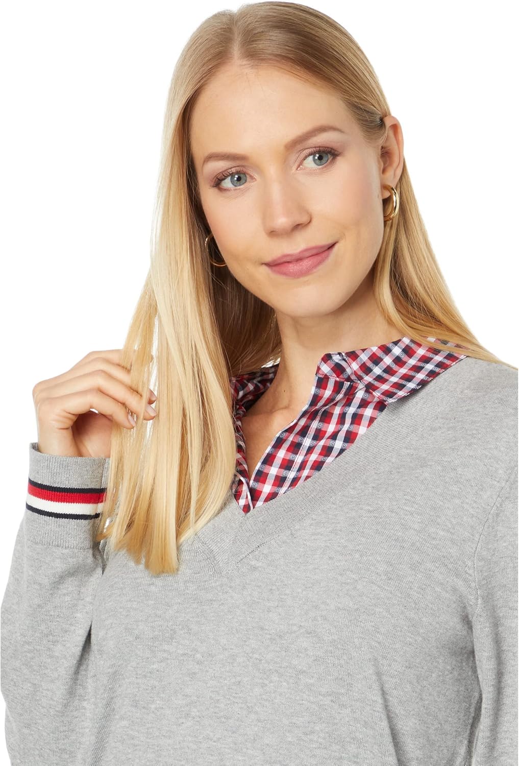Женский хлопковый свитер Tommy Hilfiger с многослойным эффектом, Scarlet/Bop Check/Medium Heather Grey Multi — фото 3