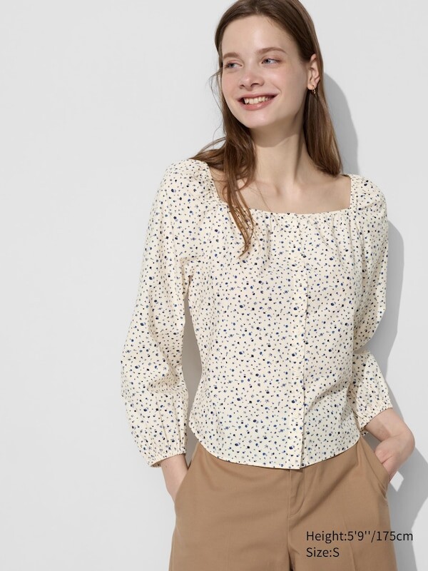 

Хлопчатобумажная блузка с квадратным вырезом принт Uniqlo, белый