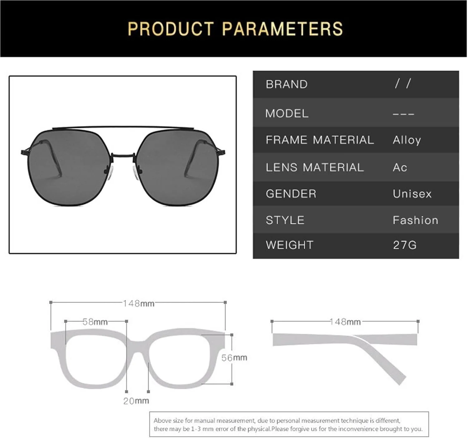 

Мужские солнцезащитные очки в крупной металлической оправе для отдыха на пляже; женские солнцезащитные очки для поездок на работу и вождения Generic, Black