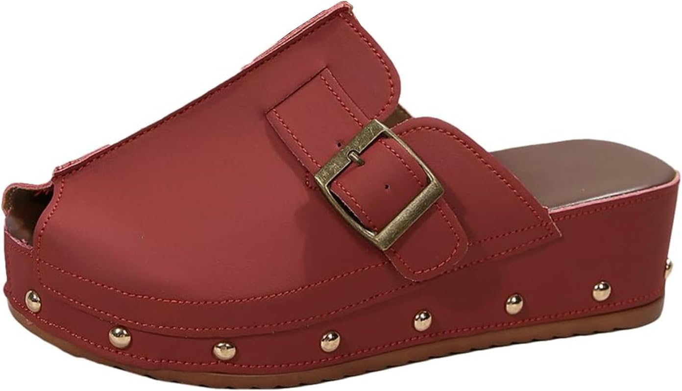 

Босоножки на танкетке с пряжкой для женщин, стильные с заклепками, слайд-сандалии, повседневные бохо-сандалии для лета и пляжа, с вырезами, удобные для отпуска, с поддержкой свода стопы, для прогулок по пляжу, римские сандалии Generic, красный