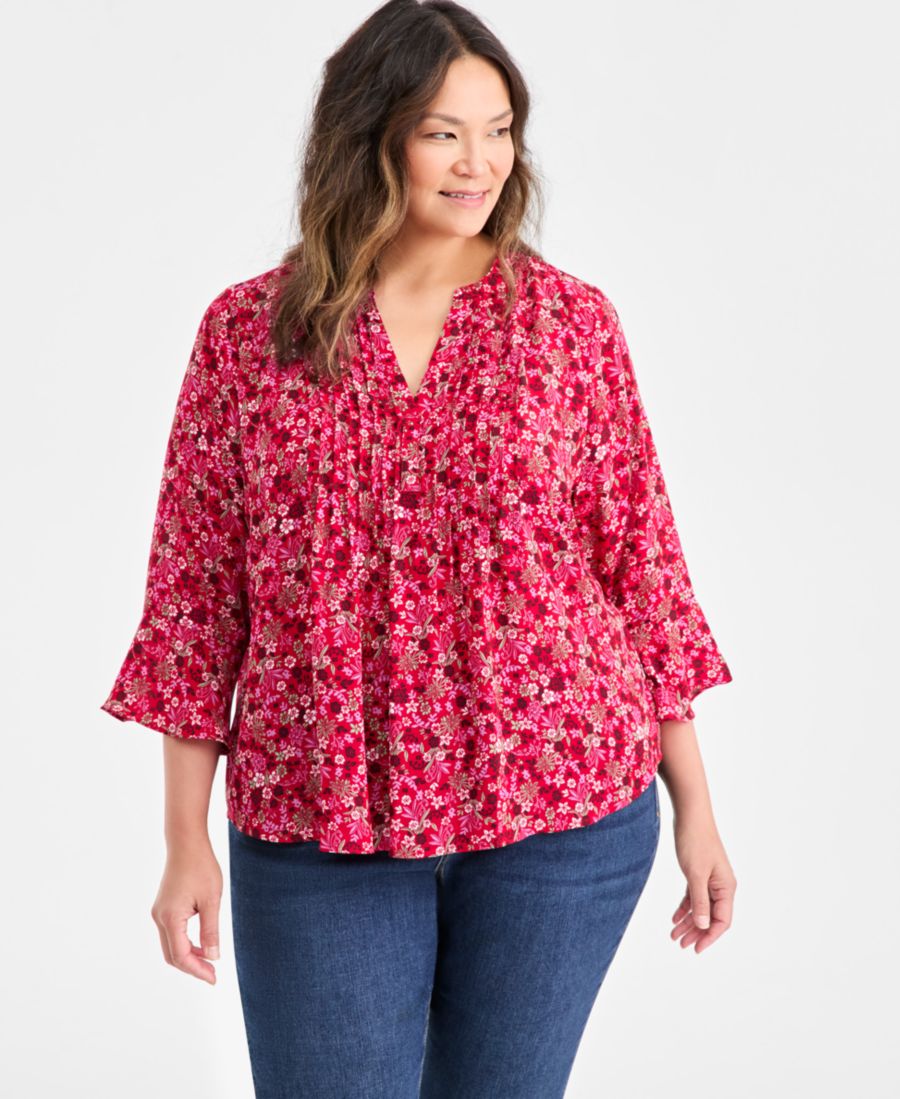 

Плиссированная блузка большого размера с мелким принтом Style & Co, Disty Dark Red