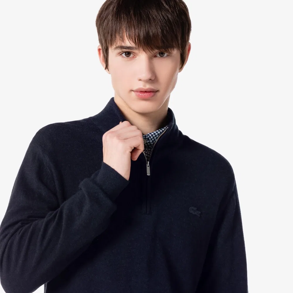 Мужской базовый пуловер на молнии из шерсти тёмно-синий от Lacoste — фото 3