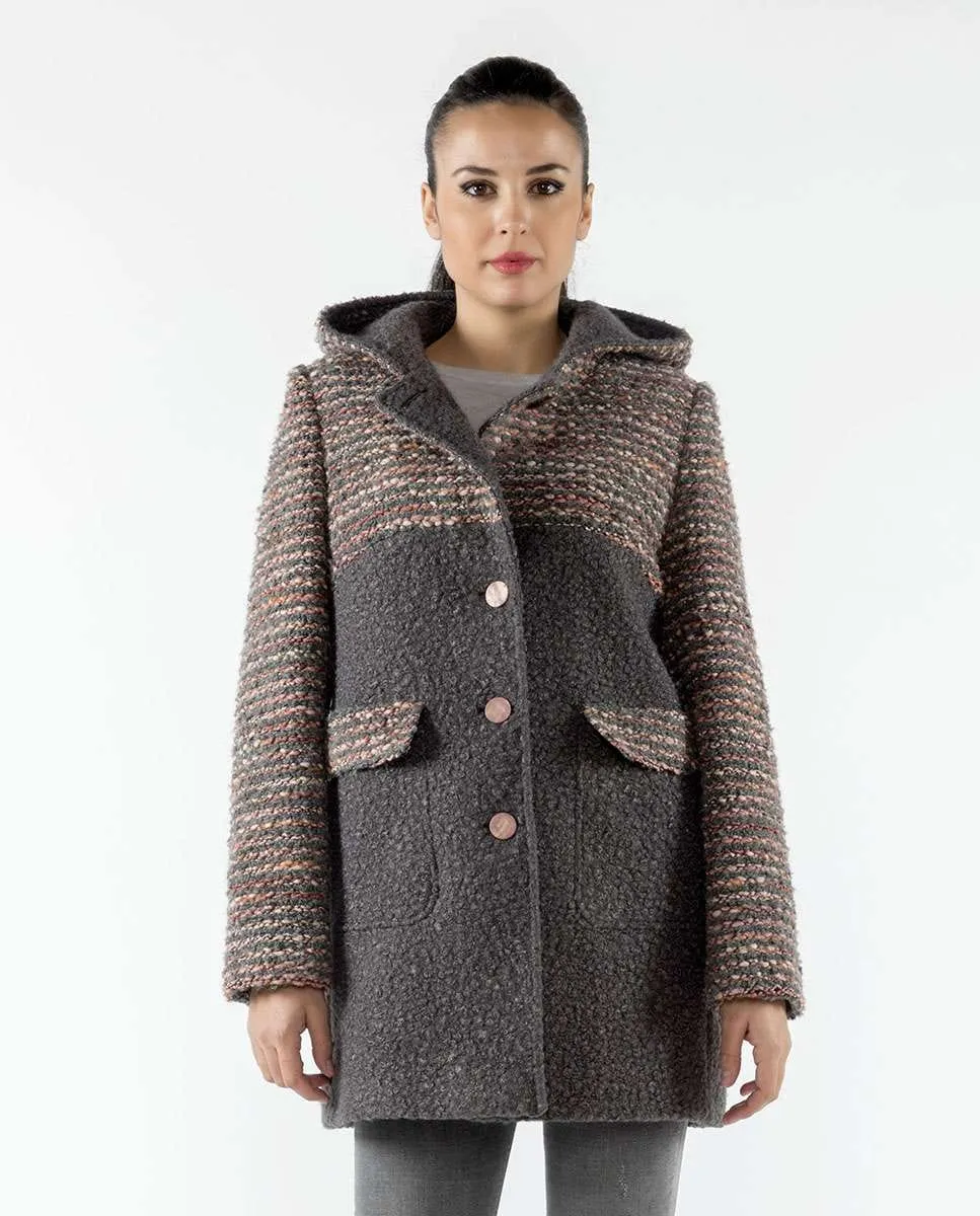 

Женское пальто с капюшоном и комбинированной тканью Fsh, серый