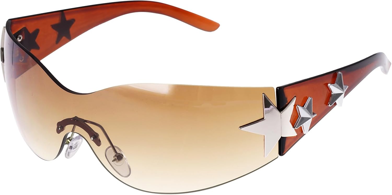 

Солнцезащитные очки Nydotd без оправы в стиле Y2K, модные очки с обтекаемой формой для женщин и мужчин, солнцезащитные очки без оправы в стиле 2000-х, стильные солнцезащитные очки-щитки, Brown Frame / Brown Lens