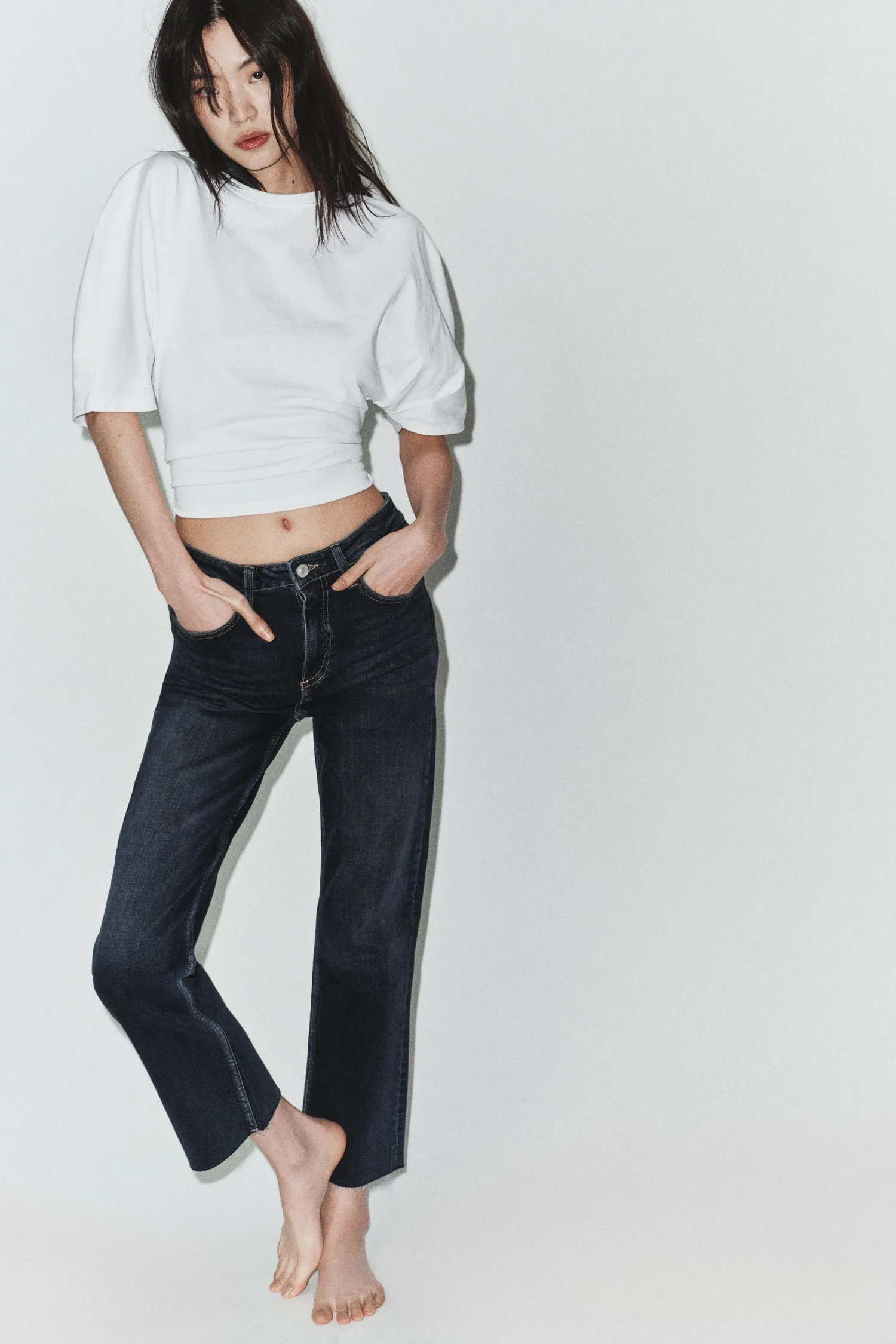 Укороченные джинсы-клеш с высокой талией trf Zara, темно-синий — фото 2