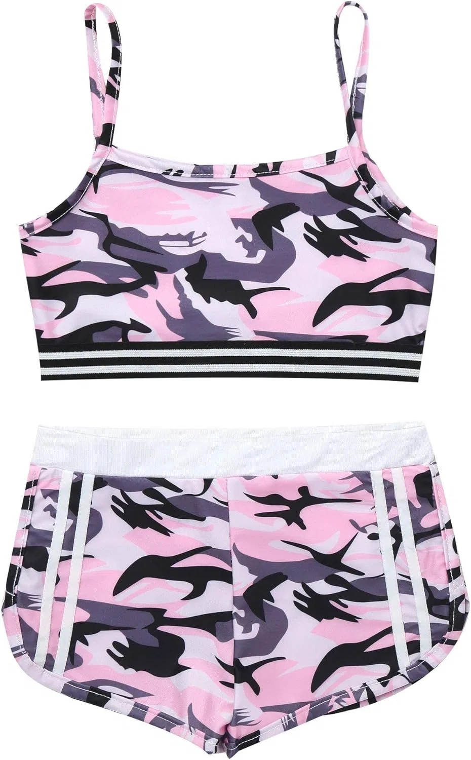 Детский активный костюм с пайетками Mufeng, топ и шорты, Camo Pink — фото 3