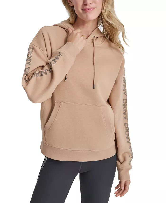 

Женская флисовая толстовка с капюшоном и логотипом из страз DKNY, коричневый/бежевый