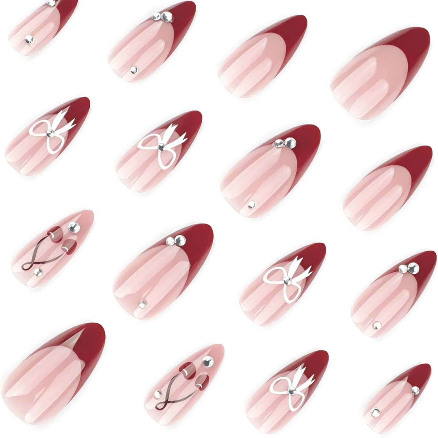 Накладные ногти «French Press on Nails Almond» с вишневым дизайном Virellay, Red — фото 3