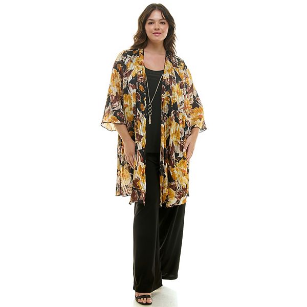 

Комплект из кардигана-кимоно, топа и брюк plus size Luxology, Gold Olive Ivory