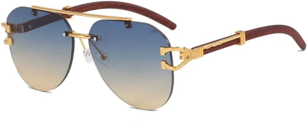 

Ретро-солнцезащитные очки без оправы с двойным дужком, овальные, женские, с индивидуальной отделкой под дерево и леопардовым принтом, модные мужские повседневные очки с защитой от УФ-излучения UV400 UATXTAU, Golden Blue Tea