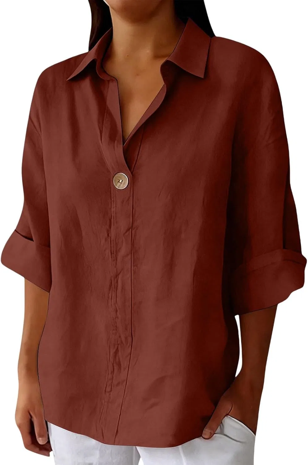 Блуза с V-образным вырезом, 3/4 рукав, Linen Shirts, Brick Red