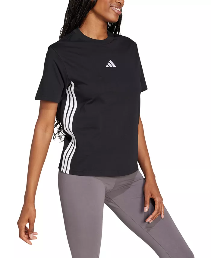 Женская хлопковая футболка Essentials с тремя полосками adidas, черный — фото 3