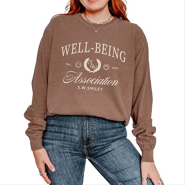 

SWSmiley well-being association - женская футболка с длинным рукавом и принтом, окрашенная в стиле garment dyed Simply Sage Market, Espresso, Зеленый, SWSmiley well-being association - женская футболка с длинным рукавом и принтом, окрашенная в стиле garme
