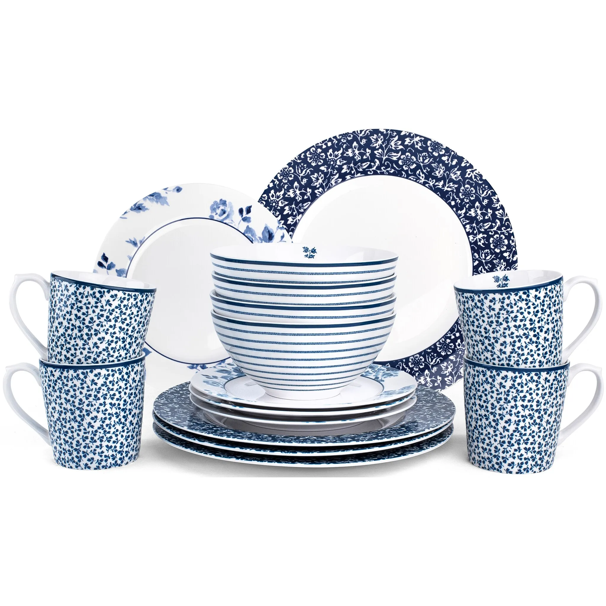 

LAURA ASHLEY BLUEPRINT COLLECTABLES Комбинированный сервиз "Набор посуды, сервиз China Rose, Sweet Allysum, Floris, Candy Stripe", (набор, 16 предметов, набор посуды), 16 предметов, на 4 персоны, белый/синий