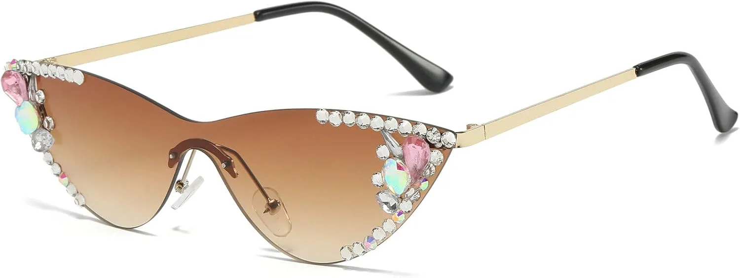 

Модные солнцезащитные очки без оправы «кошачий глаз» с бриллиантами, стильные и эффектные, с блестками и кристаллами, защита от ультрафиолета UV400 mincl, Brown