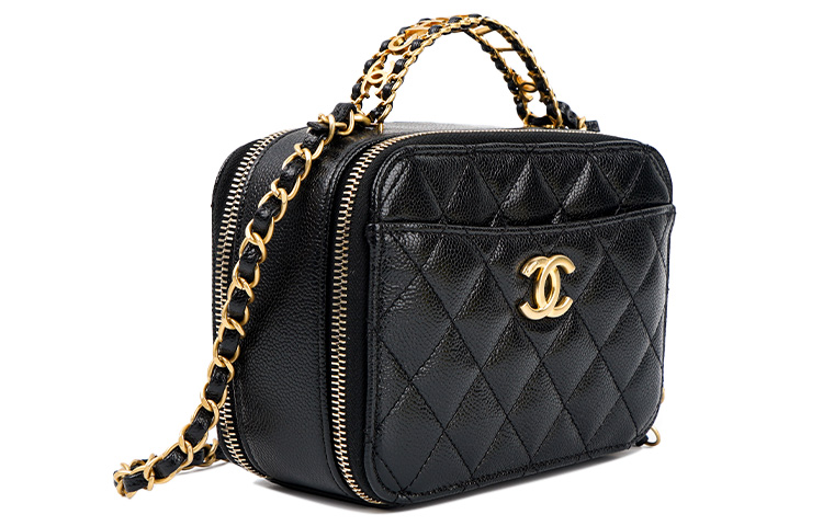 CHANEL Текстурированная кожаная коробочная сумка из коровьей кожи косметичка маленькая женская черная через плечо — фото 3