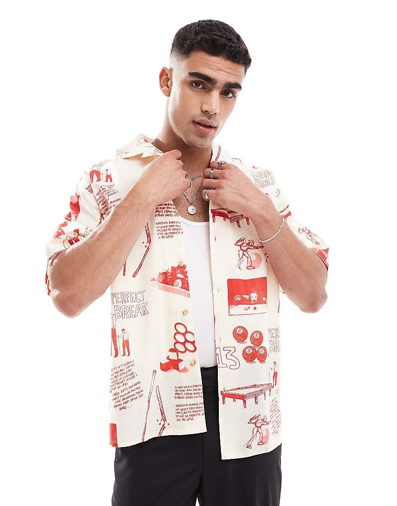 

ASOS DESIGN – Рубашка оверсайз с кубинским воротником цвета экрю с узором 3р