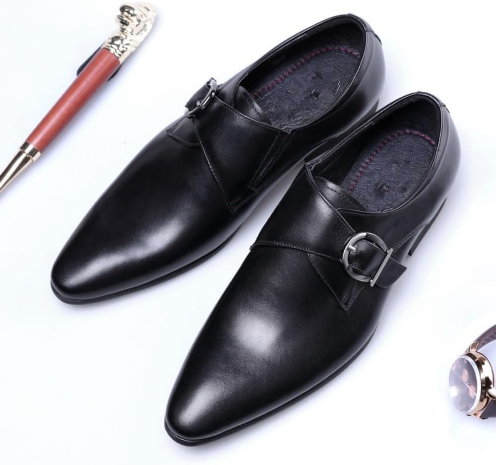 Мужские туфли Monk Strap Классические Ретро Формальные Деловые Лоферы Легкие Кожаные Слипоны Комфортные Носка Низкий Каблук Заостренный Носок Платиновая Пряжка Лоферы Оксфорды для Повседневной Элегантной Работы, Офиса и Свадьбы Geerta, черный — фото 3