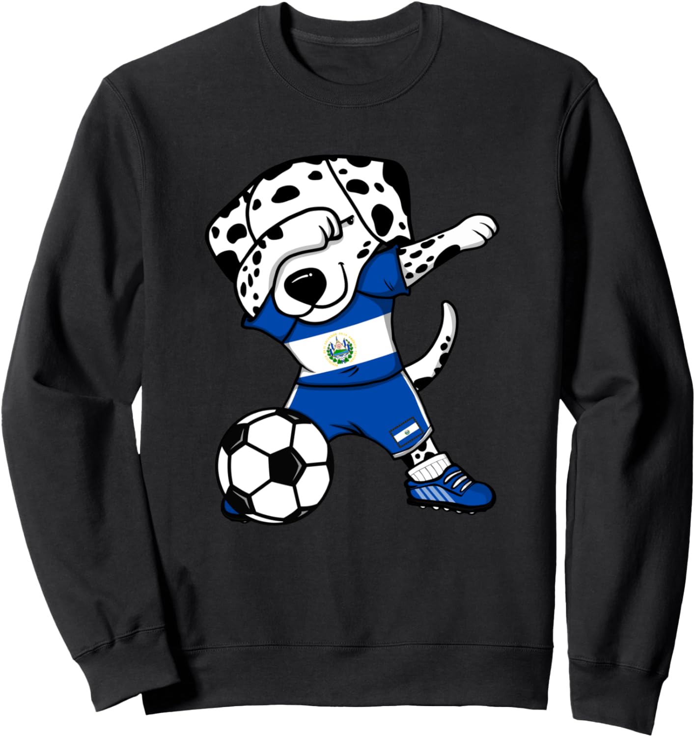 

Забавная танцующая собака далматин, толстовка болельщика футбола Сальвадора, флаг Сальвадора, толстовка с изображением далматина, танцующего в стиле «даб» Teeisle El Salvador Football, черный