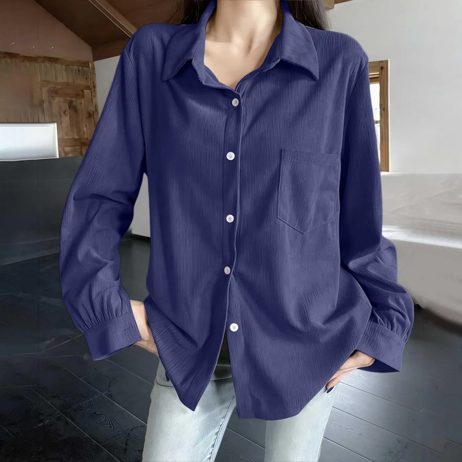 Блуза, длинный рукав, Corduroy Shirt, синий — фото 3
