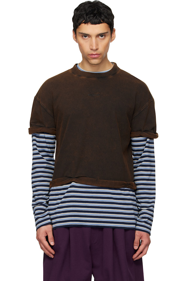 

We11Done Футболка с длинными рукавами в многослойную полоску коричневого и синего цвета