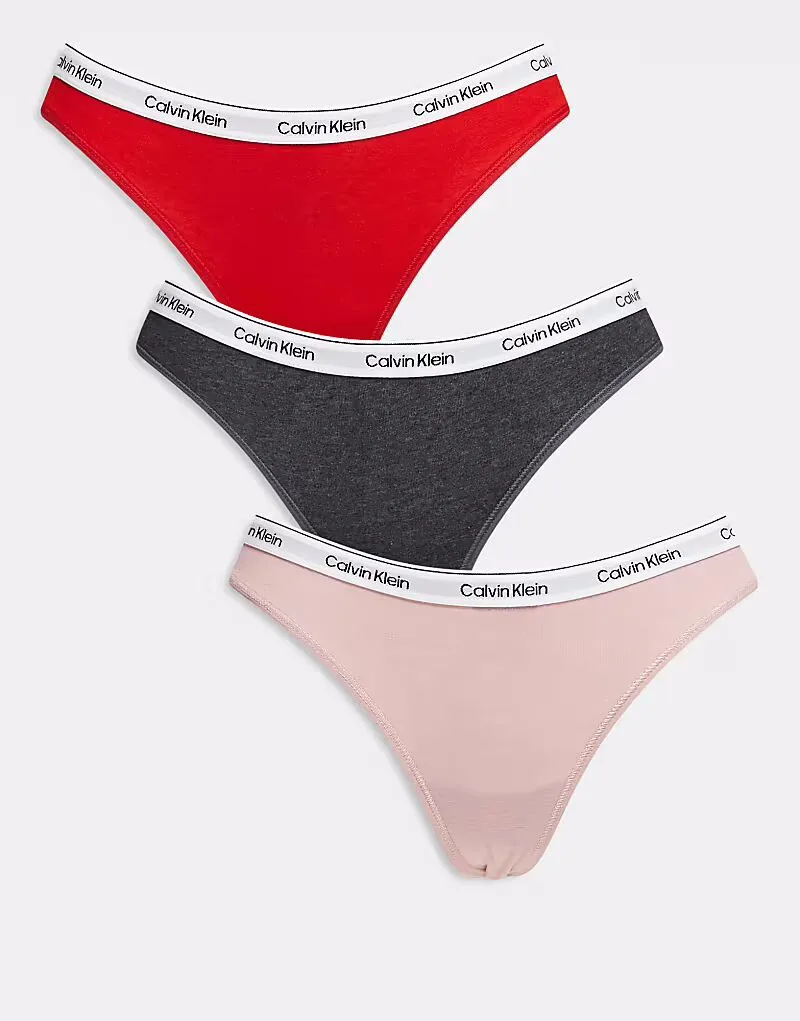 Трусики-стринги Calvin Klein Icon Logo, 3 штуки в сером, красном и розовом цветах