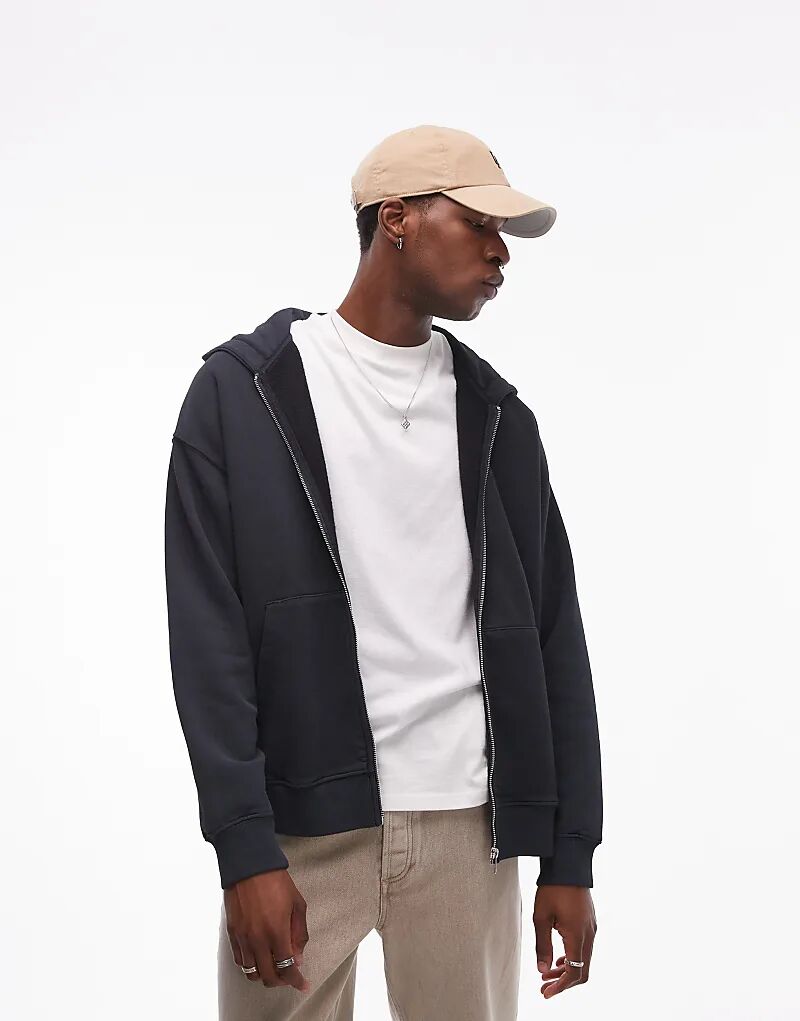 

Толстовка свободного кроя с капюшоном на молнии черного цвета Topman