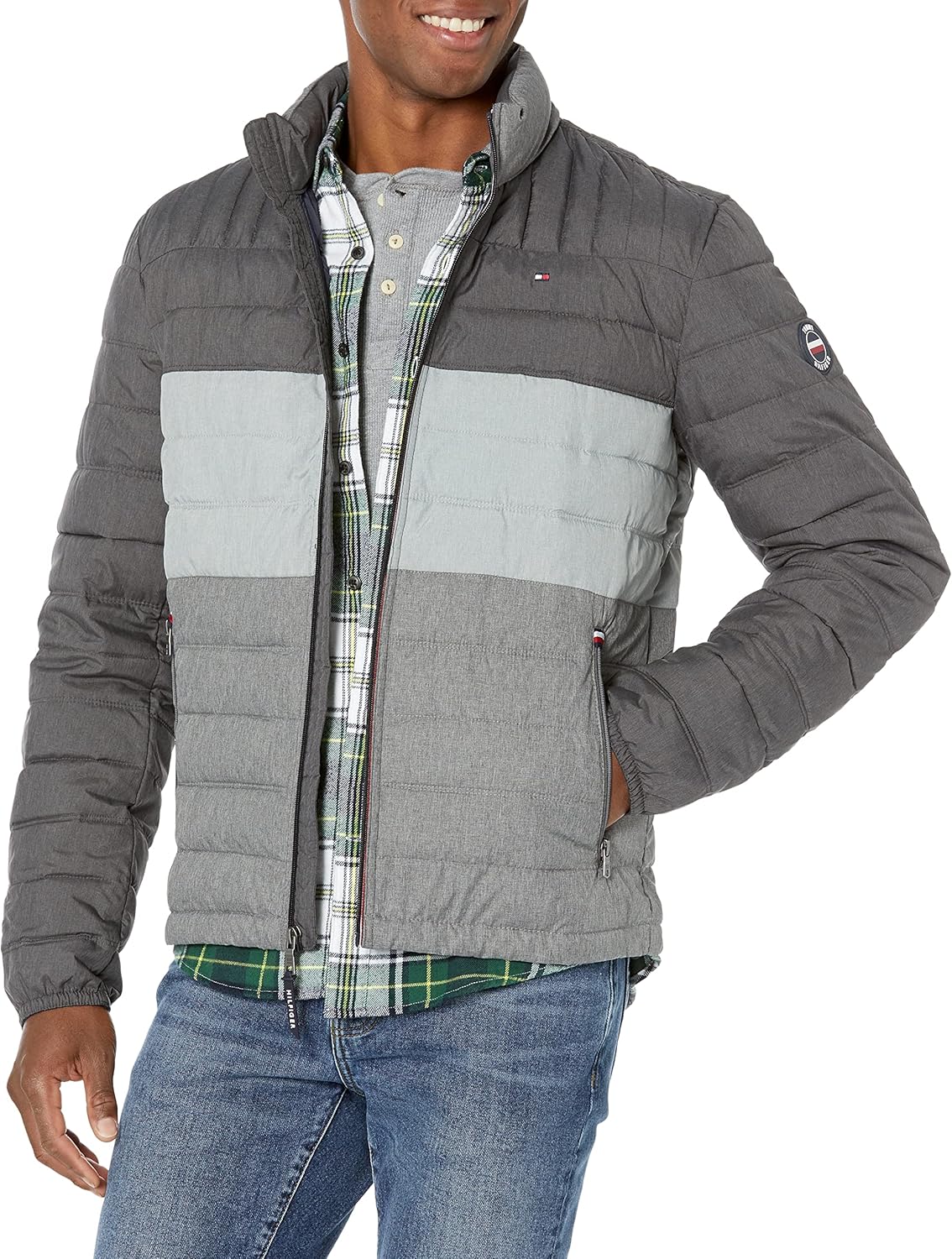 

Мужская стеганая куртка Tommy Hilfiger с вышитым логотипом, Grey Colorblock