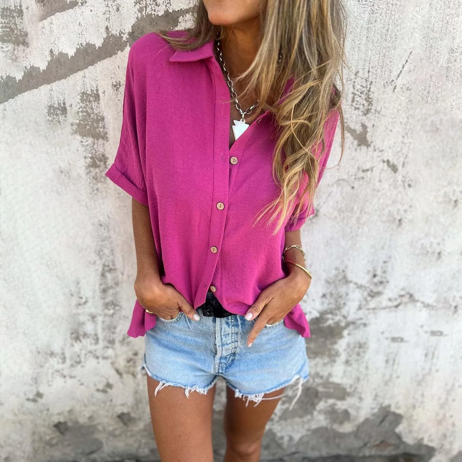 Блуза с пуговицами, свободный крой, Women's Spring/Summer Solid Button Down Half Sleeve Lapel Shirt, ярко-розовый — фото 2