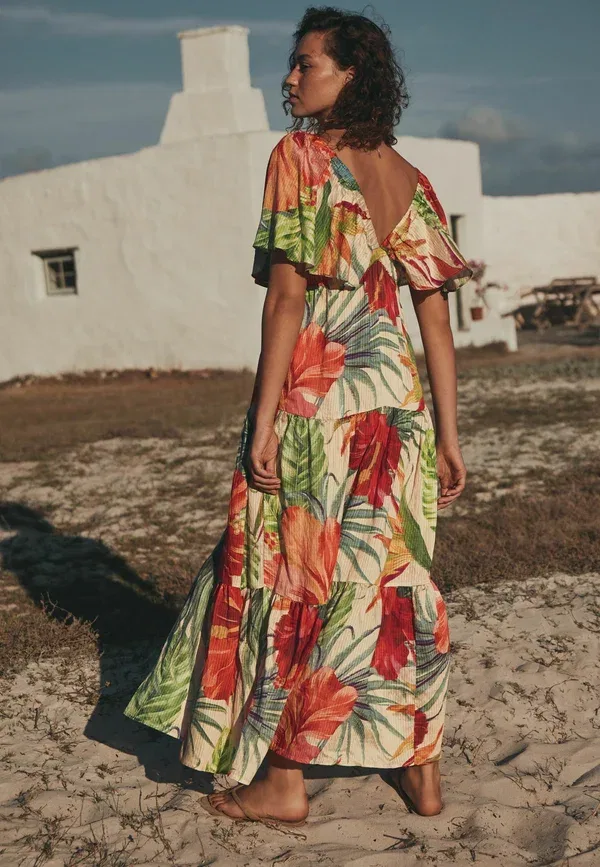 Платье макси Tall fit maxi puff sleeve dress Next, красный тропический — фото 3