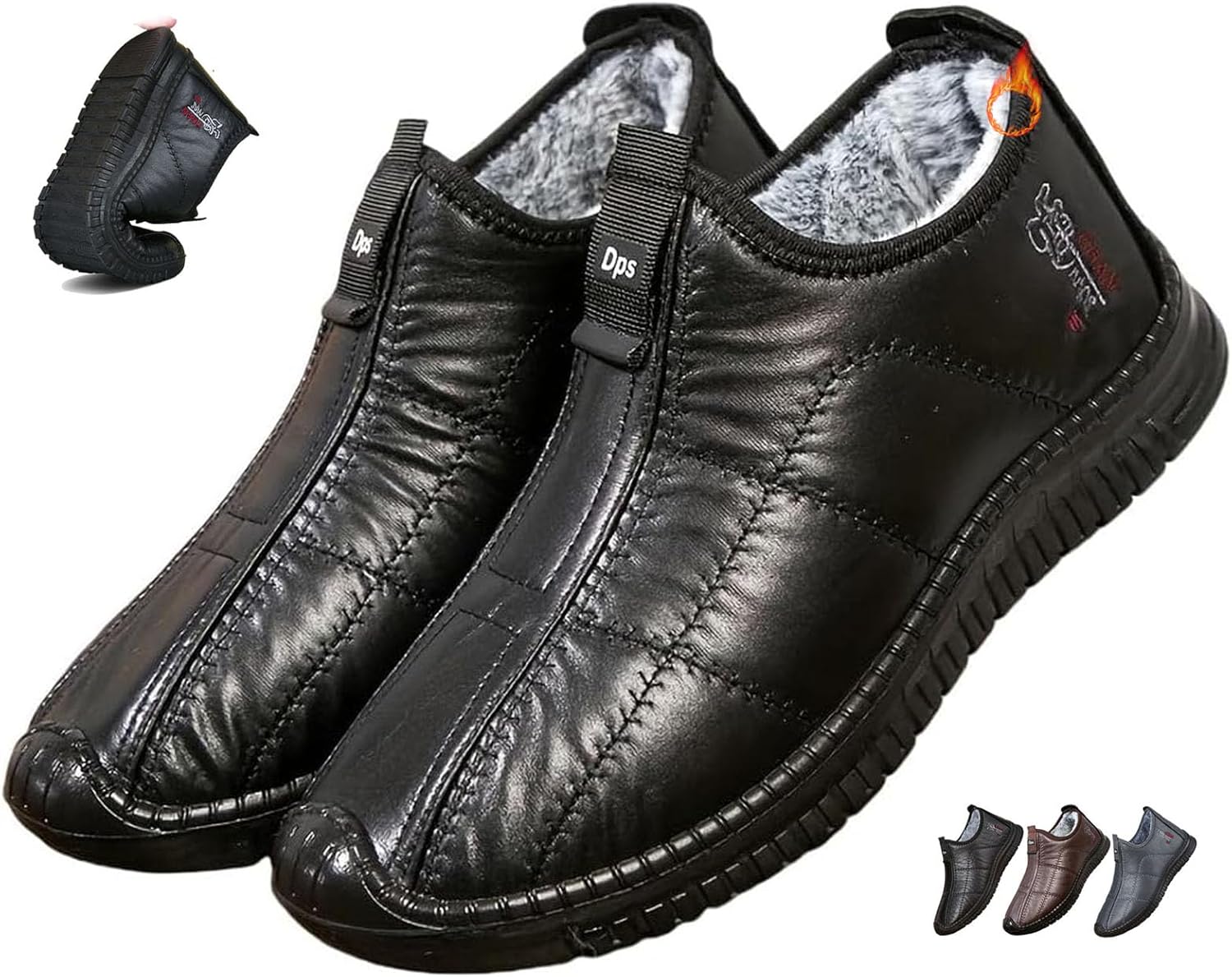 

Мужские зимние термо-сапоги с противоскользящей подошвой, мужские зимние теплые водонепроницаемые кожаные ортопедические ботинки, утепленные мехом снегоступы на каждый день, легкие прогулочные мокасины Generic, черный