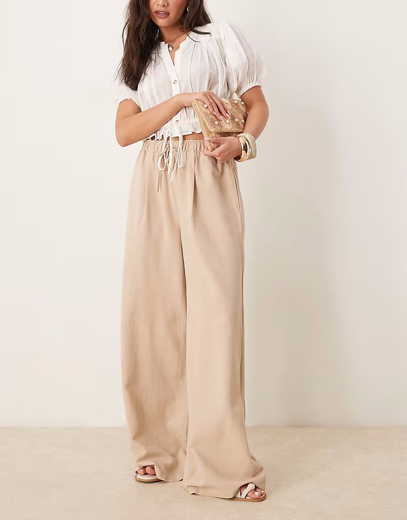 

Брюки Stradivarius STR из искусственного льна с кулиской, каменного цвета