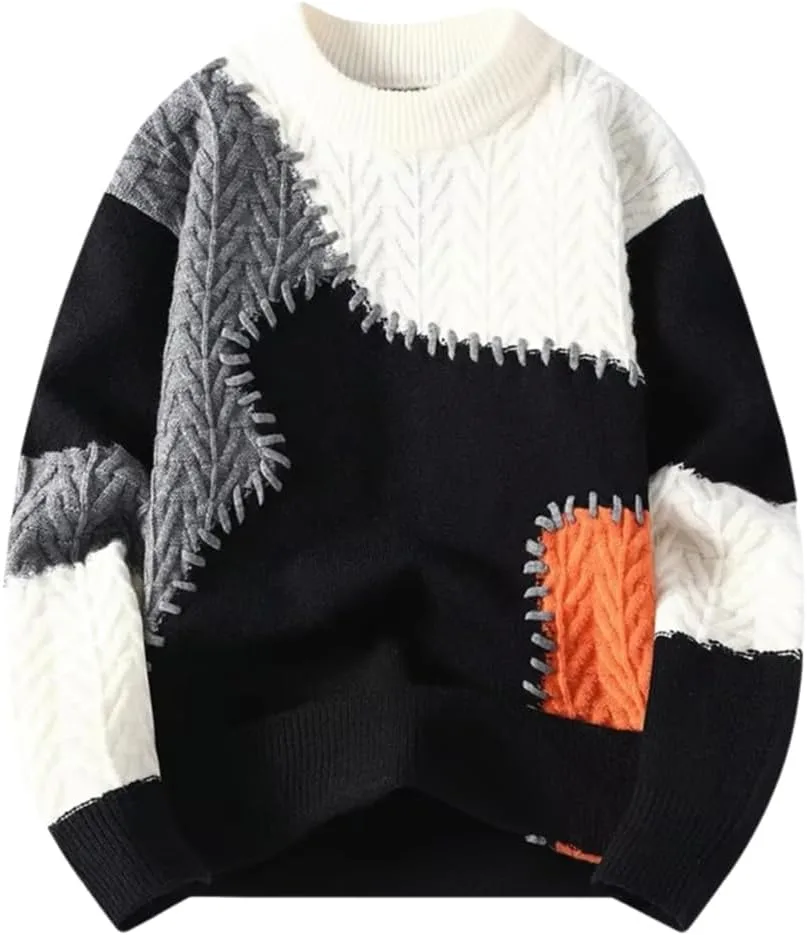 

Свитер Lunoakvo Men Patchwork Knit Pullovers Casual Colorblock Cable Knitted Thick Warm Loose