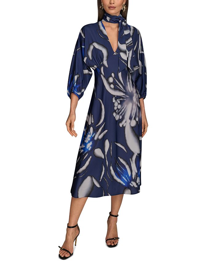 

Платье с атласным воротником и завязкой на шее Donna Karan, синий