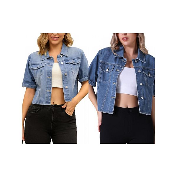 

2 упаковки женские джинсовые куртки casual с отложным воротником и коротким рукавом Inspire Chic, Light Blue Dark Blue
