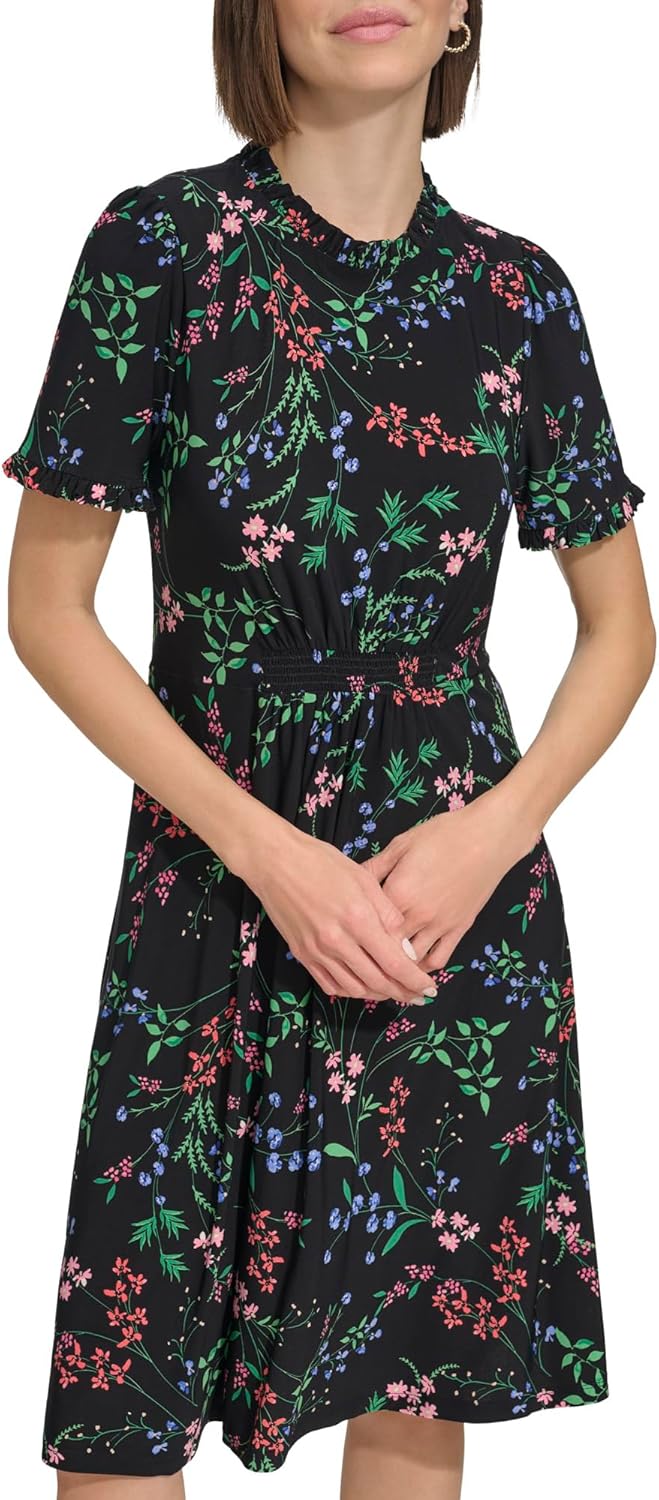 

Женское мини-платье Tommy Hilfiger с короткими рукавами и высоким воротом, облегающее и расклешенное, Black Multi