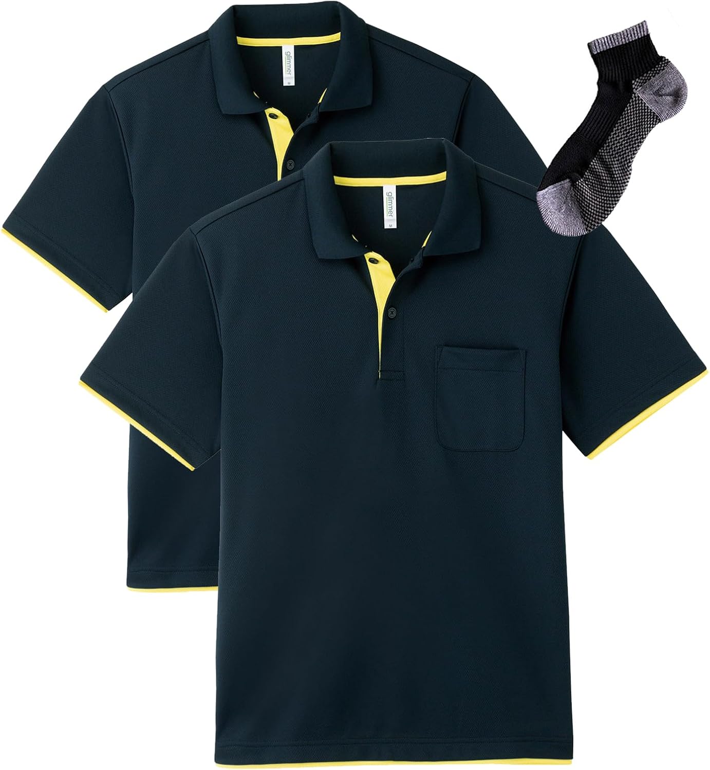 

Мужская рубашка-поло Glimmer 00339-AYP, короткий рукав, быстросохнущая, многослойная, с карманом, 113 г (4,4 унции), темно-синий/желтый