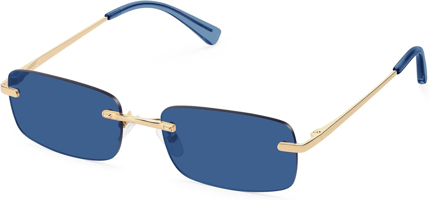 

Ретро-солнцезащитные очки прямоугольной формы без оправы для женщин, модные, узкая, маленькая оправа, пружинный шарнир, защита от УФ-излучения, FZN905 Fozono, Gold Frame/Blue Lens