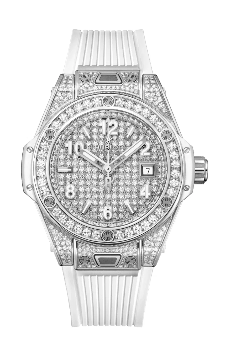 Биг Бэнг Уан Клик Стил Уайт Фул Паве 33 мм - 485.SE.9000.RW.1604 HUBLOT, серебряный
