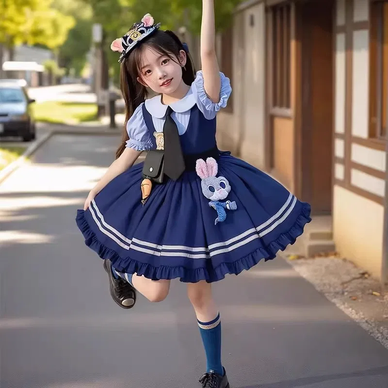 Платье детское с отложным воротником тонкое миди Disney, Short-Sleeved Skirt+Petticoat+Headband+Belt Bag Doll Pompom+Socks — фото 3