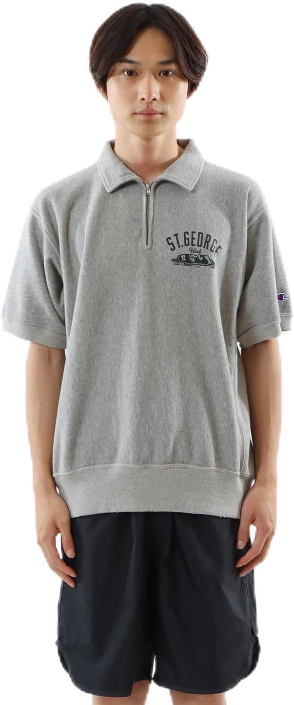 

Мужская толстовка Champion с коротким рукавом, 100% хлопок, флис 283 г, графический принт, толстовка с застежкой-молнией до середины груди Reverse Weave, повседневный стиль, C3-Z015, меланжевый серый